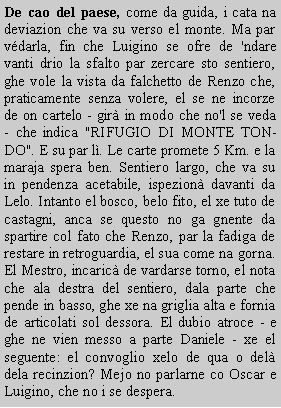 Casella di testo: De cao del paese, come da guida, i cata na deviazion che va su verso el monte. Ma par vdarla, fin che Luigino se ofre de 'ndare vanti drio la sfalto par zercare sto sentiero, ghe vole la vista da falchetto de Renzo che, praticamente senza volere, el se ne incorze de on cartelo - gir in modo che no'l se veda - che indica "RIFUGIO DI MONTE TONDO". E su par l. Le carte promete 5 Km. e la maraja spera ben. Sentiero largo, che va su in pendenza acetabile, ispezion davanti da Lelo. Intanto el bosco, belo fito, el xe tuto de castagni, anca se questo no ga gnente da spartire col fato che Renzo, par la fadiga de restare in retroguardia, el sua come na gorna. El Mestro, incaric de vardarse torno, el nota che ala destra del sentiero, dala parte che pende in basso, ghe xe na griglia alta e fornia de articolati sol dessora. El dubio atroce - e ghe ne vien messo a parte Daniele - xe el seguente: el convoglio xelo de qua o del dela recinzion? Mejo no parlarne co Oscar e Luigino, che no i se despera.