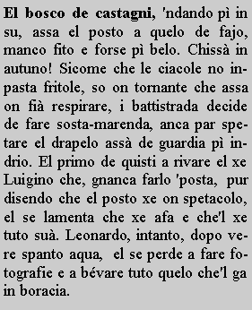 Casella di testo: El bosco de castagni, 'ndando p in su, assa el posto a quelo de fajo, manco fito e forse p belo. Chiss in autuno! Sicome che le ciacole no inpasta fritole, so on tornante che assa on fi respirare, i battistrada decide de fare sosta-marenda, anca par spetare el drapelo ass de guardia p indrio. El primo de quisti a rivare el xe Luigino che, gnanca farlo 'posta,  pur disendo che el posto xe on spetacolo, el se lamenta che xe afa e che'l xe tuto su. Leonardo, intanto, dopo vere spanto aqua,  el se perde a fare fotografie e a bvare tuto quelo che'l ga in boracia. 