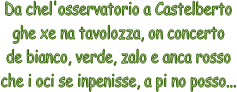 Da chel'osservatorio a Castelberto
ghe xe na tavolozza, on concerto
de bianco, verde, zalo e anca rosso
che i oci se inpenisse, a pi no posso...