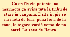 Casella di testo: Co on fis-cio potente, na 
marmota ga avis tuta la trib de stare in canpana. Drita in pi so na mota de tera, pena fora de la tana, la tegnea vard verso de noantri. La saa de Renzo...