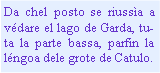 Casella di testo: Da chel posto se riussa a vdare el lago de Garda, tu- ta la parte bassa, parfin la lngoa dele grote de Catulo.